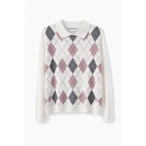 Alfred Dunner Granny  Women's Cream Pink Grey Argyle Sweater Knit Top Size S